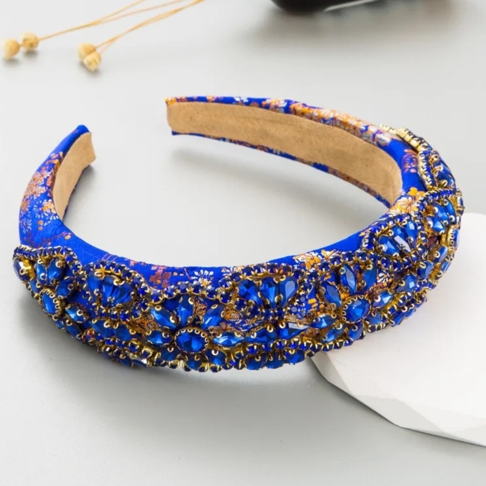 Headband Blue Rhinestone Beaded Elegant
